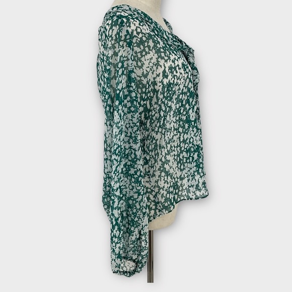 White House Black Market Green Floral Ruffle Neck Tie Blouse Women's M Boho - Picture 5 of 8